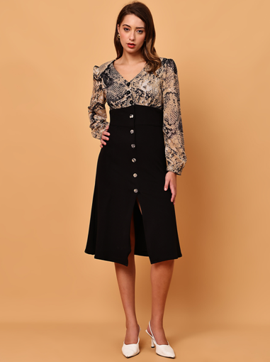 Trendy Snake Print and Black Combo Dress for Womend jewelry and a sleek clutch.